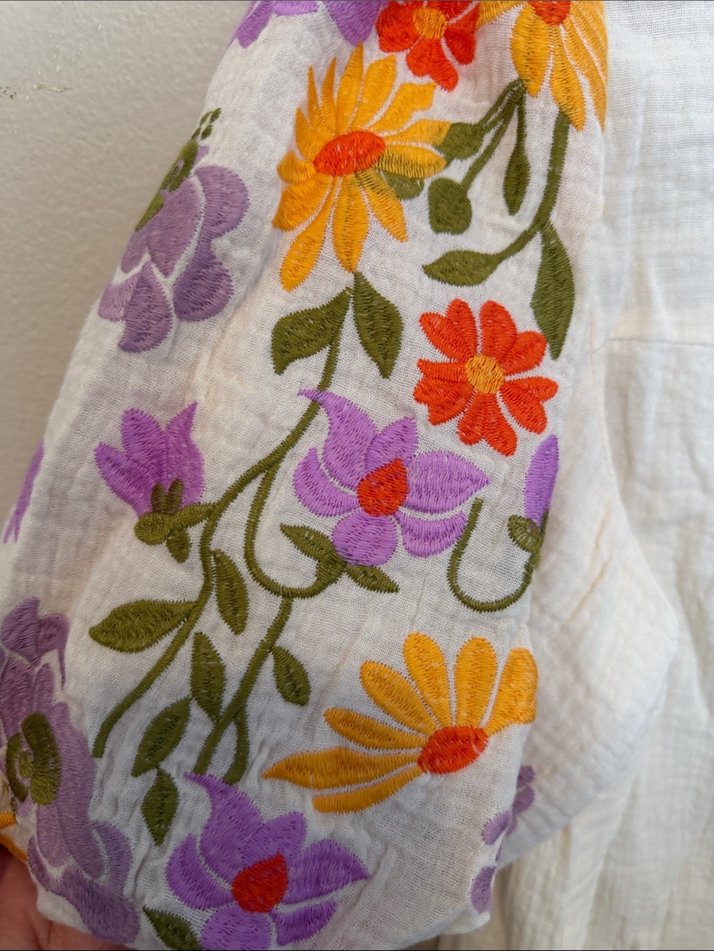 THML White Gauze Peasant Top with Colorful Floral Embroidered Puff Sleeves - Picture 3 of 3